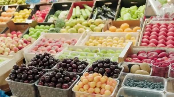 Seguimiento manual de sabrosas frutas, verduras y bayas en recipientes de plástico desechables y cajas en el estante del supermercado o en el mercado - Imágenes, Vídeo