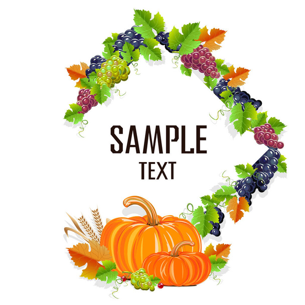 Happy Thanksgiving day background with pumpkins, grapes and yellow leaves. Autumn holiday. Vector illustration. - Вектор,изображение