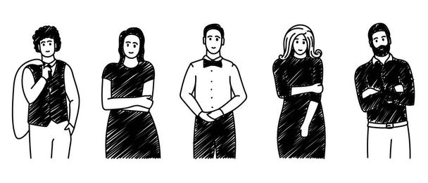 Conjunto de personajes dibujados a mano. Vector ilustración de 5 personajes de dibujos animados de hombres y mujeres de pie. garabato blanco y negro dibujado a mano con un grupo de hombres y mujeres elegantemente vestidos - Vector, imagen