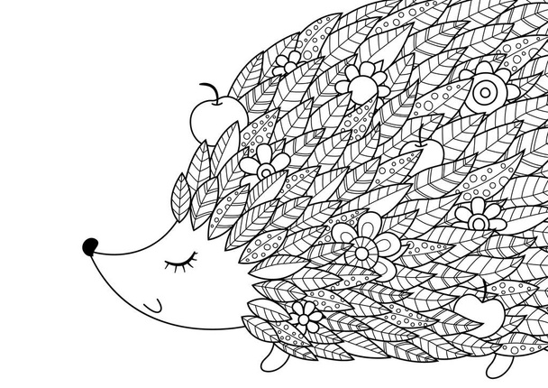 Hedgehog doodle coloring book page. Antistress for adult, zentangle style. - Vector, Image