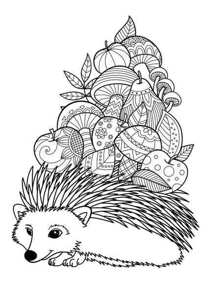 Hérisson aux pommes et champignons page de livre de coloriage doodle. Antistress pour adulte, style zentangle. - Vecteur, image