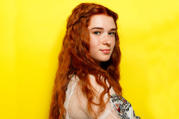 Indoor portrait of excited curly woman with trendy makeup. Ginger caucasian young lady smiling on yellow background. - Foto, Bild