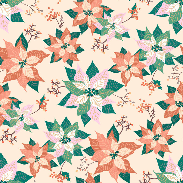 Winter Christmas floral poinsettia seamless pattern design, holiday seasonal print background with soft colors - Wektor, obraz