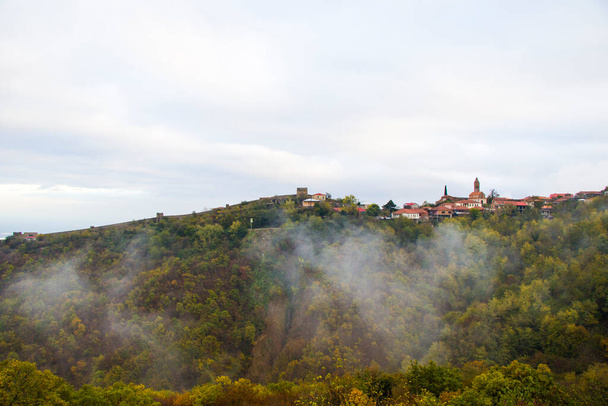 Sighnaghi village landscape and city view in Kakheti, Georgia. Old houses beautiful view during mist and fog - Photo, Image