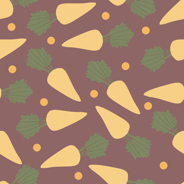 Seamless pattern with carrots in cartoon style. Vegetable pattern. Vector. Wrapping paper, wallpaper. Organic food. - Vektori, kuva