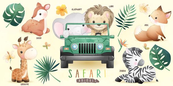 Cute doodle safari zwierząt z kolekcji kwiatowej - Wektor, obraz