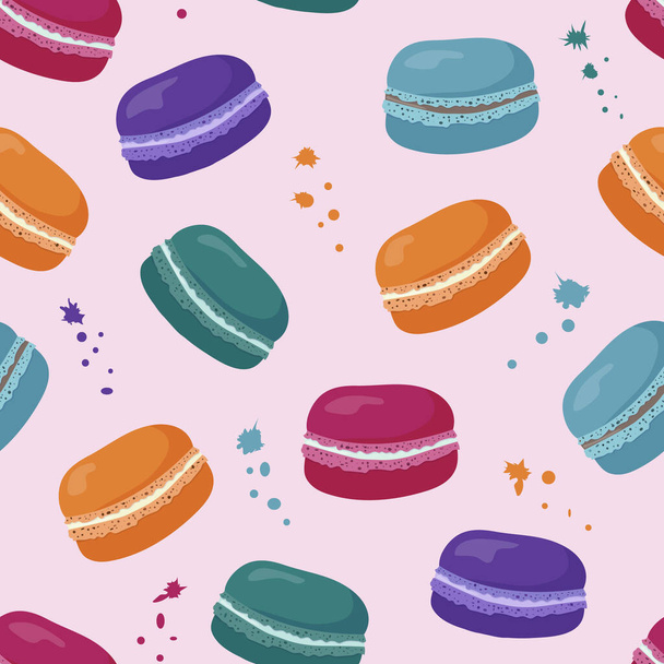 Nahtloses Muster mit süßen Makronen. Modische Süßwaren-Textur mit verschiedenen Farben klassischer französischer Kekse. Köstliche Desserts. Vektor-Illustration für Verpackungspapier, Einband, Stoff - Vektor, Bild