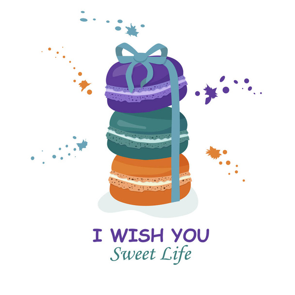 A greeting card with French sweet macaroons. Delicious multicolored cakes. sweet life wishes. Delicious dessert. A good present for any holiday. - Vector, Image