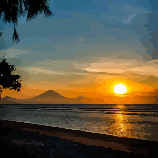 plantilla de diseño de ilustración de puesta de sol de playa, con sol dorado - Vector, Imagen