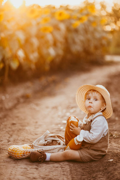 a boy in a field of sunflowers eats wheat bread, bites off a loaf - Φωτογραφία, εικόνα