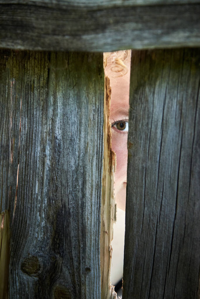Bir kadın, ahşap bir çitin çatalını gözetliyor. - Fotoğraf, Görsel