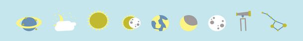日食のセット。様々なモデルの漫画アイコンデザインテンプレート。青の背景に隔離された現代のベクターイラスト - ベクター画像