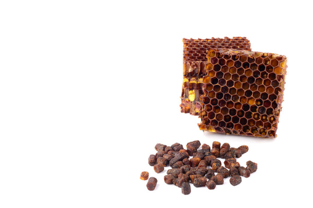 Bijenkorrels en een stuk honingcellen worden geïsoleerd op een witte achtergrond. Natuurlijke remedie voor immuniteitsverhoging. Bijenteeltproducten. Apitherapie - Foto, afbeelding