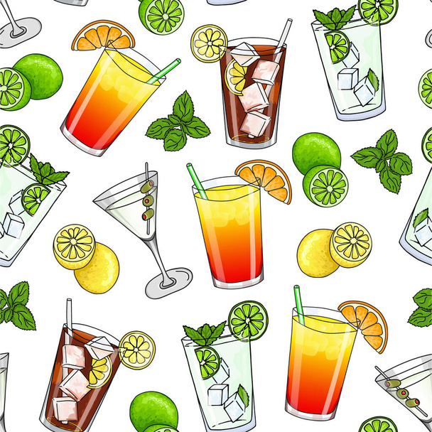Seamless pattern of cocktail on a white background. Hand drawing. Vector Illustration. Cartoon style. - Vector, afbeelding