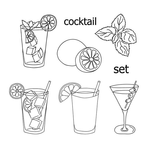 Conjunto de vaso de cóctel. Objetos de diseño de dibujo a mano. Ilustración vectorial bebida fría. Estilo gráfico. - Vector, Imagen