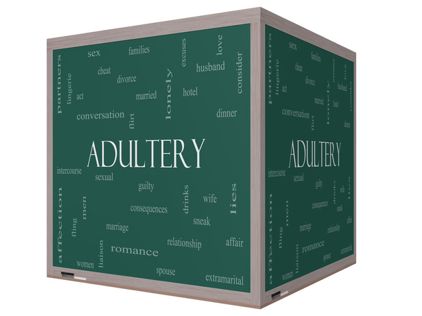 Adultery Word Cloud Concept on a 3D cube Blackboard - Photo, Image
