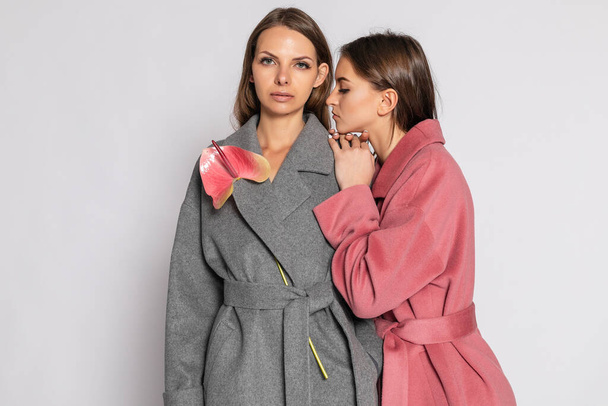 fashion portrait of two smiling brunette women models in summer casual hipster overcoat posing on gray background. Full length. 16:9 panoramic format. - Zdjęcie, obraz