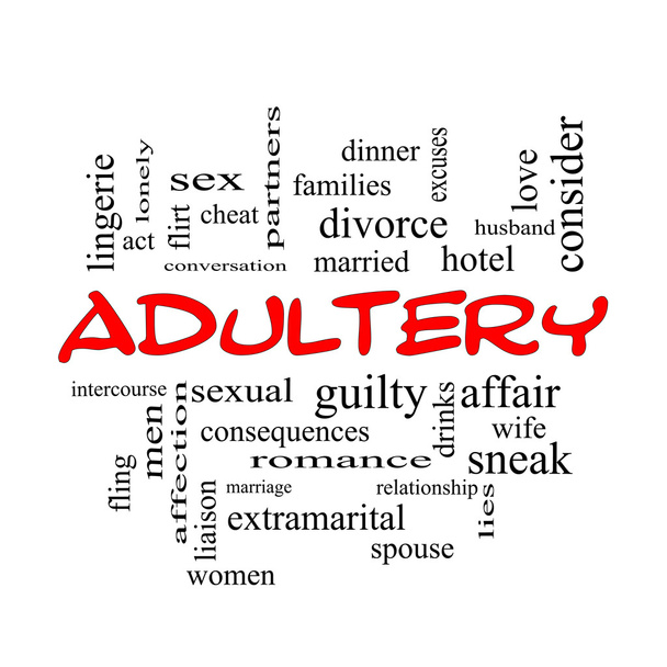 Concepto de nube de palabra adulterio en tapas rojas
 - Foto, imagen