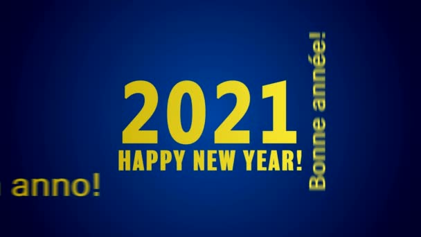 Video animation of a word cloud with the message happy new year in gold over blue background and in different languages - represents the new year 2021 - Footage, Video