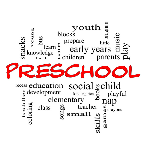 Conceito de nuvem de palavras pré-escolares em bonés vermelhos
 - Foto, Imagem