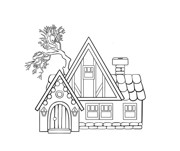 Casa de campo moderna, dibujo de contorno sobre un fondo blanco. Ilustración vectorial - Vector, imagen