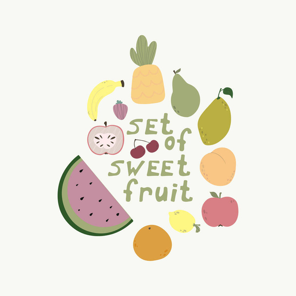 Set of fruits in cartoon style. Vector image. Isolated on white. - Vector, imagen