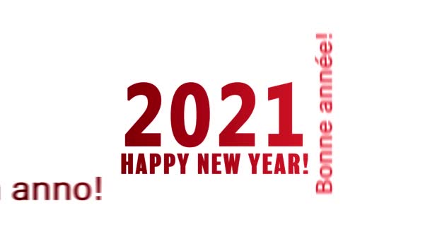 Video animation of a word cloud with the message happy new year in red over white background and in different languages - represents the new year 2021 - Footage, Video