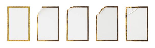 Blank white paper sticker label with golden frame set isolated on white background - Photo, Image