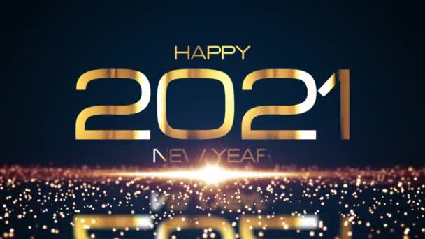 Hyvää uutta vuotta 2021 kultainen teksti hehkuva kimaltelevia hiukkasia vaikutus ja loistava kulta leimahtaa valoa. 4K 3D saumaton silmukka liikkeen suunnittelu uudenvuoden vapaapäiviä kullanvärinen valo kimaltelee tausta - Materiaali, video