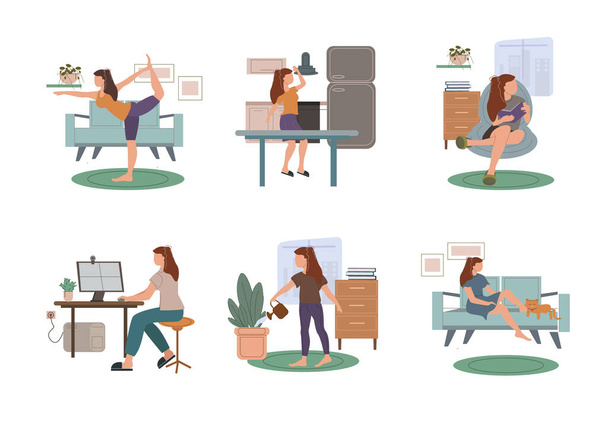 vector coronavirus with drawn woman practicing yoga, reading book, working from home, watering plant, and resting with cat on sofa on white - Vector, Image