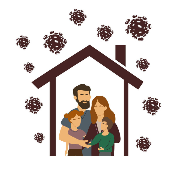 vector coronavirus met getrokken familie onder dak, thuisblijven concept  - Vector, afbeelding