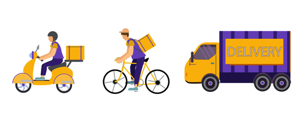 iconos de vectores con los hombres de entrega montar en bicicleta y scooter cerca de camión con letras de entrega en blanco  - Vector, Imagen