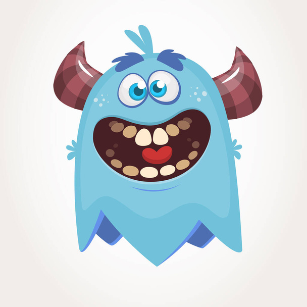 Cute cartoon monster  with horns laughing. Smiling monster emotion with big mouth. Halloween vector illustration - Vecteur, image