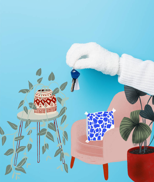 cropped view of woman in white glove holding key near armchair and plants illustration on blue - Foto, Imagem