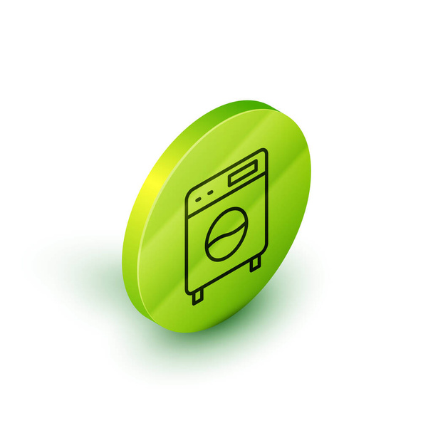 Isometric line Washer icon isolated on white background. Washing machine icon. Clothes washer - laundry machine. Home appliance symbol. Green circle button. Vector. - Vector, Image