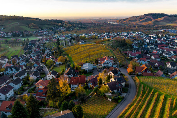 Colorful landscape aerial view of little village Kappelrodeck in Black Forest mountains. Beautiful medieval castle Burg Rodeck. Germany. - Fotó, kép