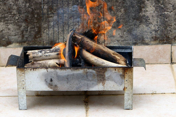 Καίγοντας καυσόξυλα με μια φωτεινή φλόγα σε μια σιδερένια σχάρα αφού έβαλε φωτιά στο τηγάνισμα κεμπάπ κρέατος. Ένα πικνίκ σε ένα ξέφωτο.  - Φωτογραφία, εικόνα
