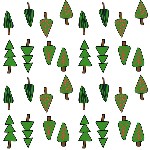 Christmas holidays template. Red, green Christmas trees, pattern Forest background - Vector, Image