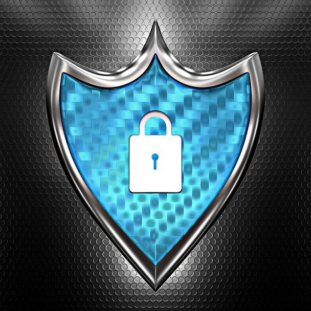 Strong blue metallic shield, 3d antivirus icon with a padlock on its center - Photo, Image