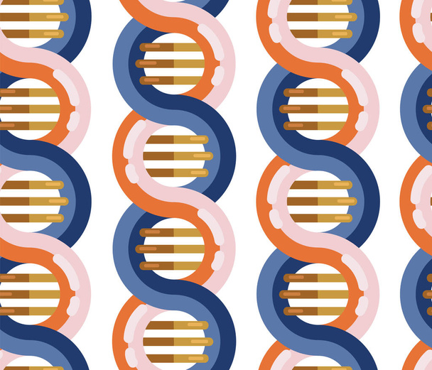 DNA-molekyylin saumaton vektoritausta. Toistuva kuvio Kierre geneettinen DNA säikeet lääketieteellinen ikoni. Helix rakenne symboli. DNA-säikeet Suurennus kaksinkertainen kierre rakenne sininen ja punainen - Vektori, kuva
