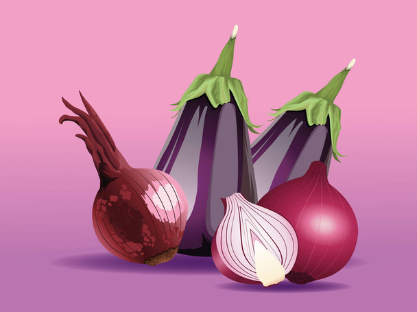 fresh eggplants and onions vegetables healthy icons - Vector, Image