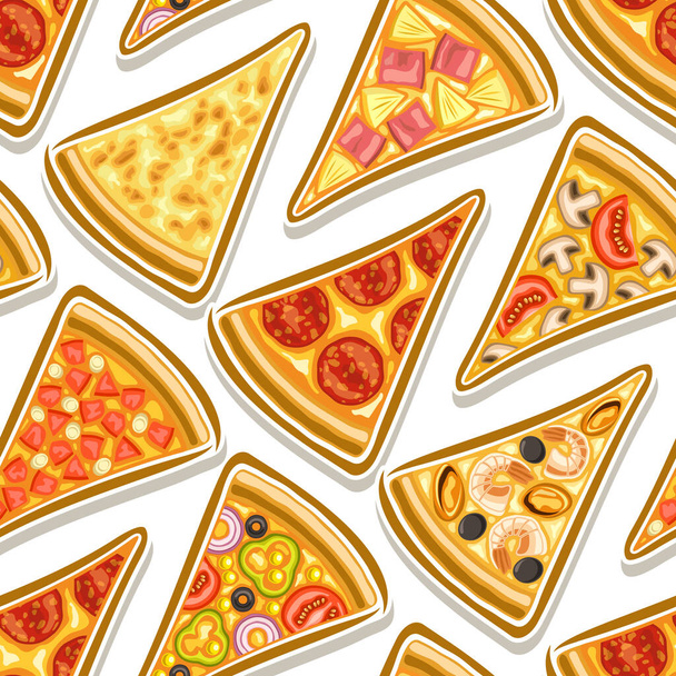 Vector Pizza Seamless Pattern, cuadrado que repite el fondo de la pizza, grupo de ilustraciones recortadas planas rebanadas de pizza triangular de tipos surtidos sobre fondo blanco, patrón para pizzería mantel. - Vector, Imagen