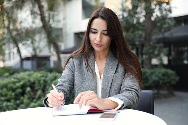 Portrait of business woman writing notes, posing outdoor. - Foto, Imagem