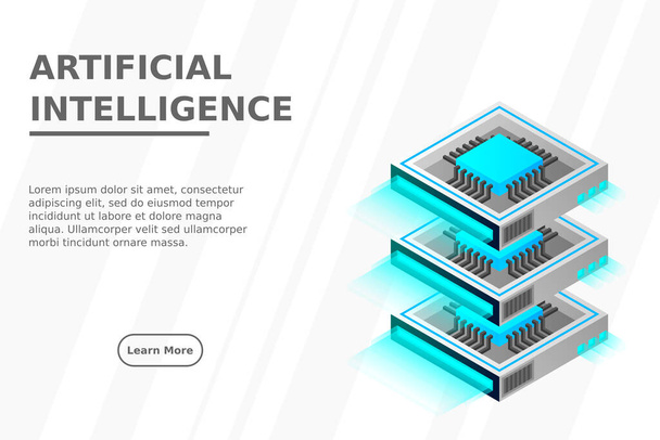 Quantum computer, large data processing, server room, artificial intelligence, data base concept, the microprocessor isometric vector - Vector, Image