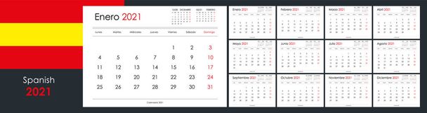 Calendar and planner for 2021 year. Week starts on Sunday. 12 boards, months set. Simple wall layout. Clear template. Spanish language. Copy space. Yearly layout. Monthly format A4. Ready for print. - Vector, Image