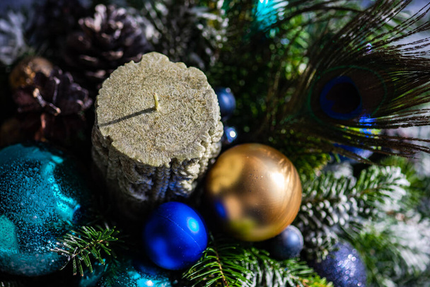 Christmas festive composition with balls and decor on stone background with copy space - Photo, Image