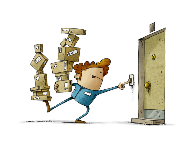 illustration of delivery man balancing two stacks of many boxes while trying to ring the doorbell. home delivery, in uniform. isolated - Photo, Image