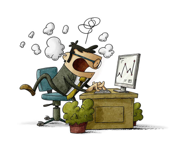 ilustración de dibujos animados de hombre de negocios en su oficina trabaja muy estresado, mientras que el humo sale de su cabeza. aislado - Foto, imagen