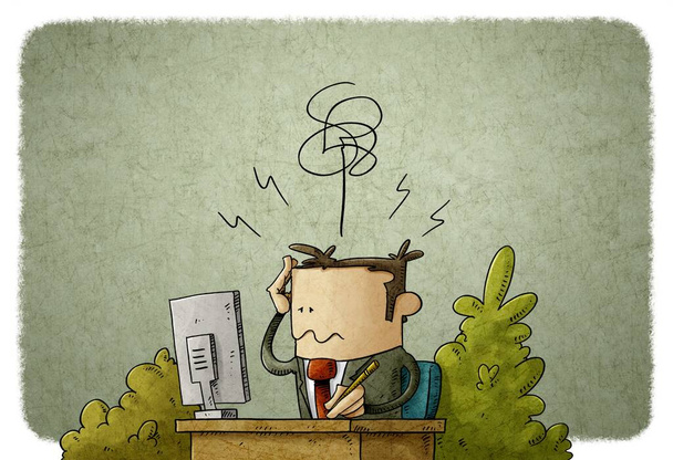 ilustrace muže před počítačem na jeho pracovišti a stěžuje si na bolest hlavy - Fotografie, Obrázek