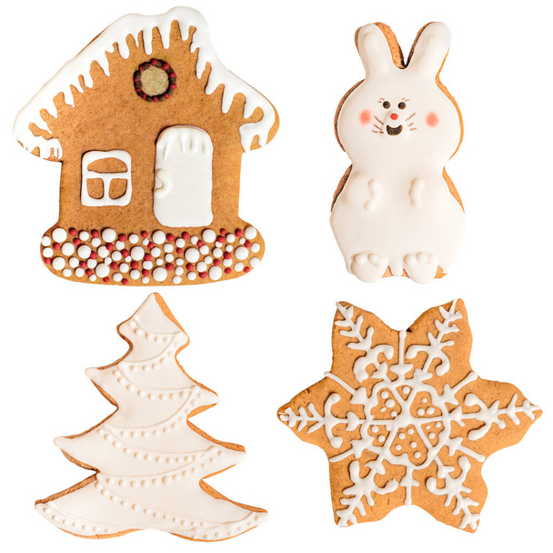 square format, collage Christmas gingerbread isolated on white background.collection of house, tree and rabbit - Valokuva, kuva